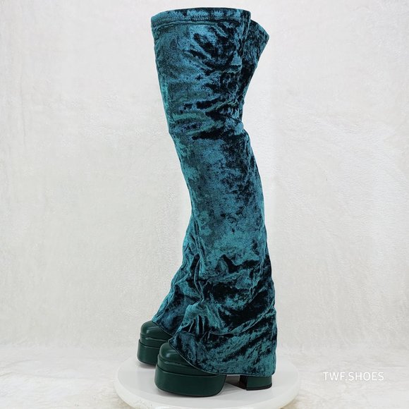 Good Will Unique Thigh High Emerald Velvet Fold over Chunky Heel Platform Boots - Picture 13 of 15